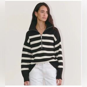 New Everlane Women Half Zip Wool High Neck Sweater Black White Size Medium